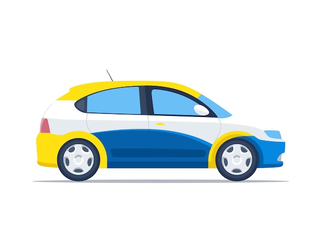白い背景のコンパクトな青と黄色のハッチバック車のサイドビュー 現代的な都市用車のデザイン