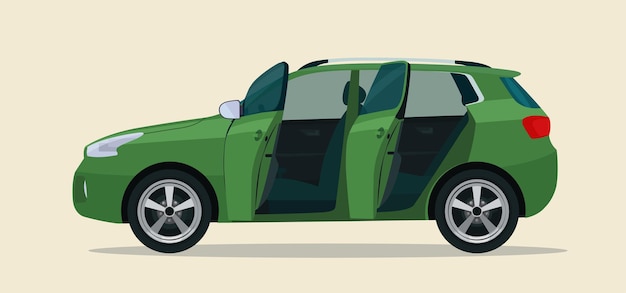 Vector compact cuv car with open driver's and passenger doors.  illustration.