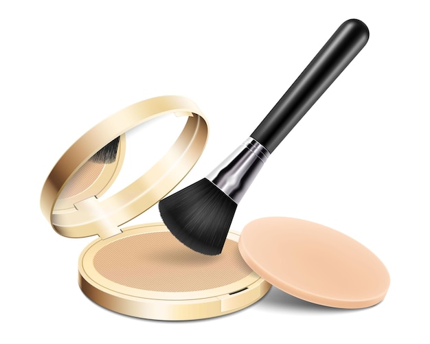 Vector compact powder with brush applicator and sponge round gold case with mirror cushion face foundation case 3d vector realistic cosmetics isolated on white background mockup for branding and ads