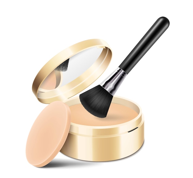 Compact powder with brush and sponge Round gold case with mirror Cushion face foundation case 3d vector realistic cosmetics isolated on white background Mockup for branding and ads