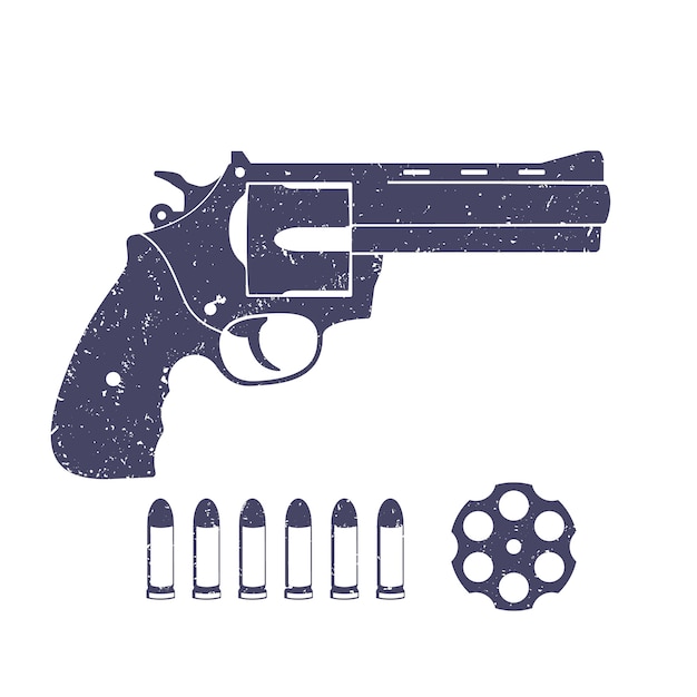 Revolver compatto, pistola, cilindro del revolver, cartuccia, proiettili, pistola isolata su bianco, illustrazione