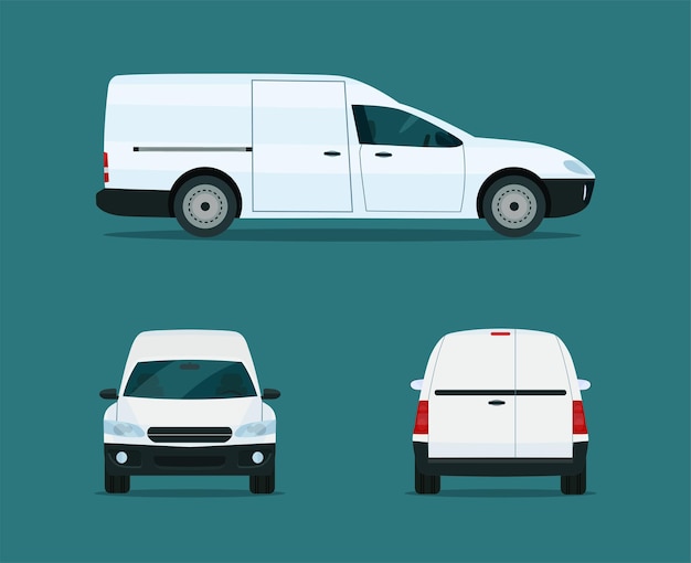 Vector compacte bestelwagen set. ð¡argo bestelwagen met zij-, voor- en achteraanzicht. vlakke stijl illustratie.