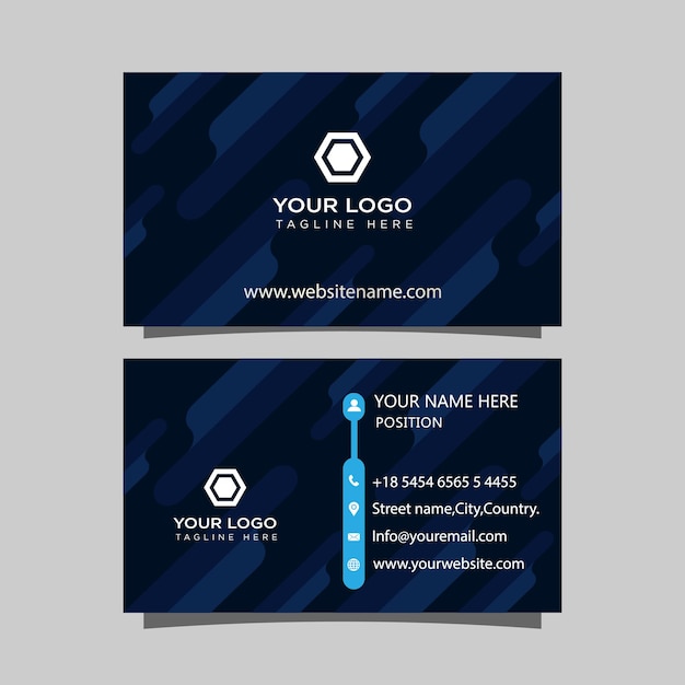 Company business card template design with abstract shapes and blue and white accents