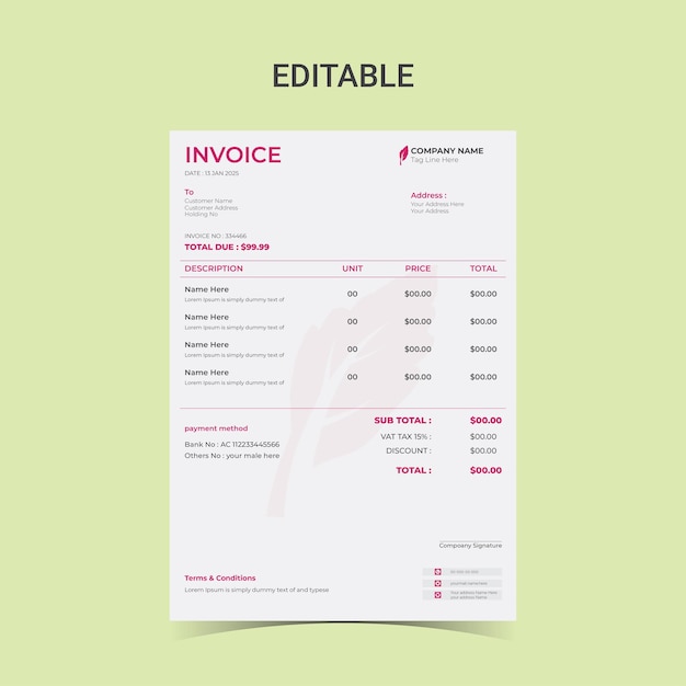 Company business clean modern and Minimal professional creative invoice Vector design template