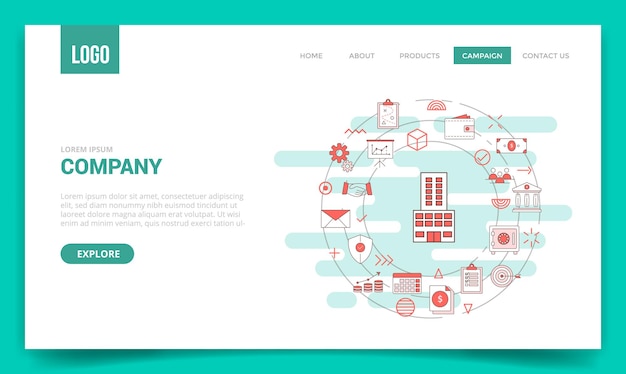 Concetto di affari dell'azienda con l'icona del cerchio per il modello del sito web o l'illustrazione di vettore della homepage della pagina di destinazione