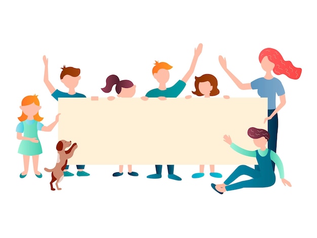 the company of children and the teacher are holding a poster for any text vector illustration
