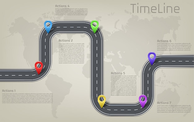 ベクトル 世界地図のマイルストーンに関する会社の自動車道、タイムラインビジネスプレゼンテーションのレイアウト