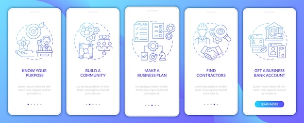 モバイルアプリのページ画面をオンボーディングする会社開発のヒント。起業家精神のウォークスルー5つのステップのグラフィックによる説明と概念。線形カラーイラストとUI、UX、GUIベクトルテンプレート