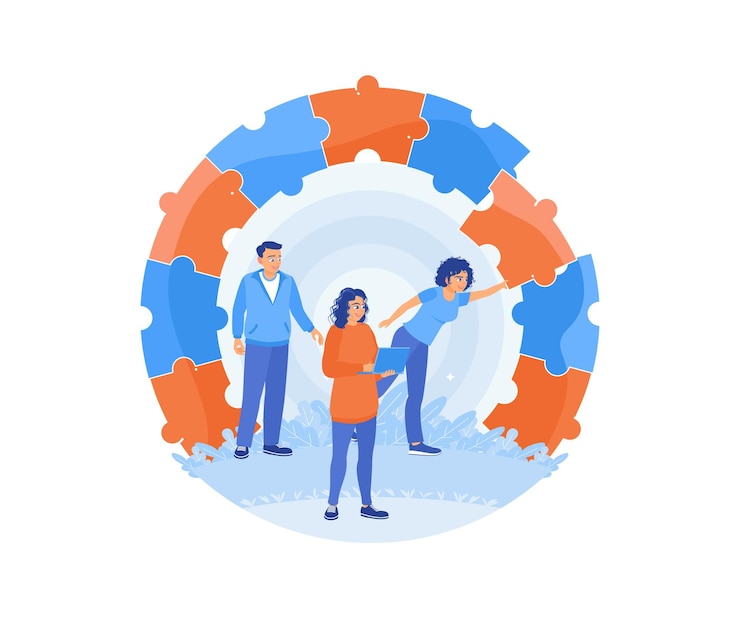 Vector company employees work together on a project solving problems together team building concept flat vector illustration
