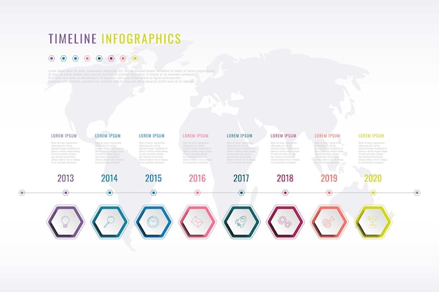 инфографика истории компании с шестиугольными элементами, указанием года и картой мира на заднем плане