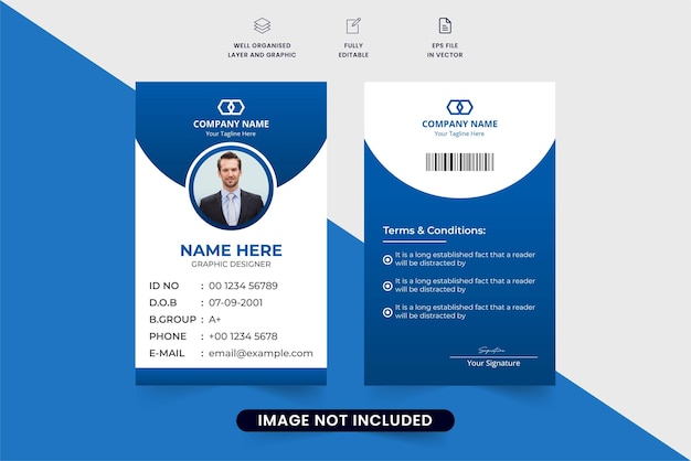 Company identity card template design with dark blue color and geometric shapes organization id card vector with photo placeholders modern business employee identification card design