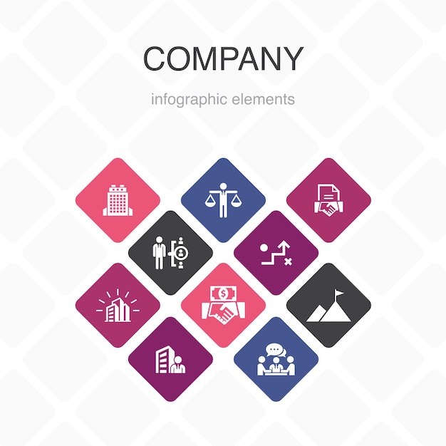 Company infographic 10 option color design. office, investment, meeting, contract  simple icons