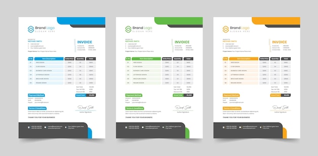 Vector company invoice design template in 3 colors