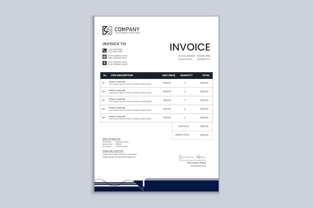 青い色の会社の請求書のモダンなデザイン