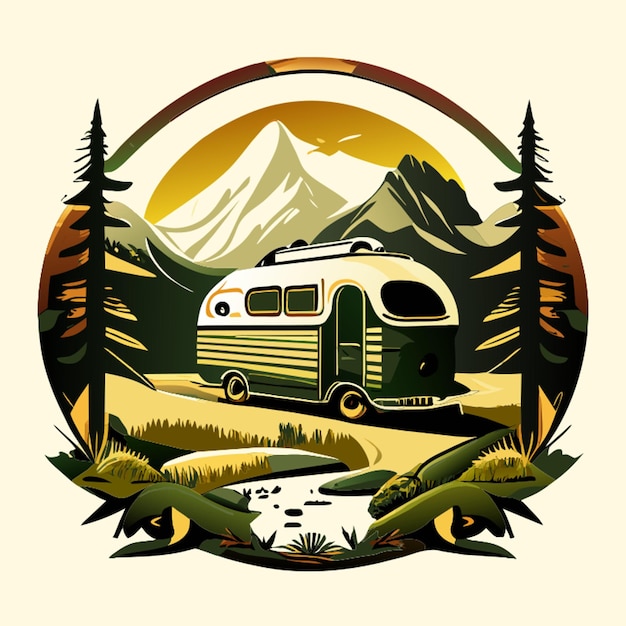 Vector company logo with caravan harmonica wedge mountain streamsun and tire inside vector illustration