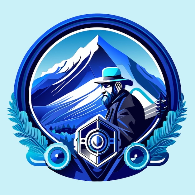 Vector company logo with circassian old man harmonica wedge mountain stream and tire track inside vector