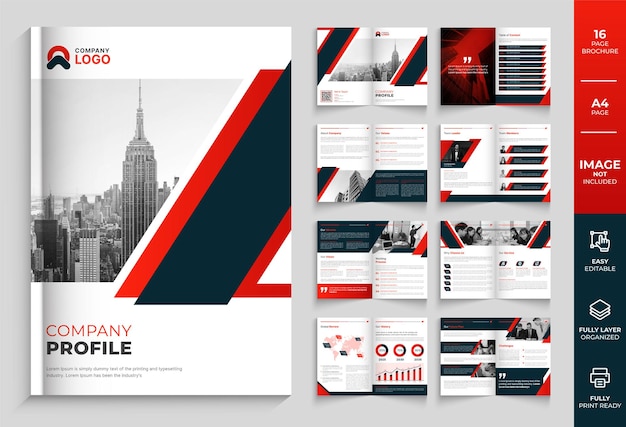 Vector company profile brochure design with red modern shapes