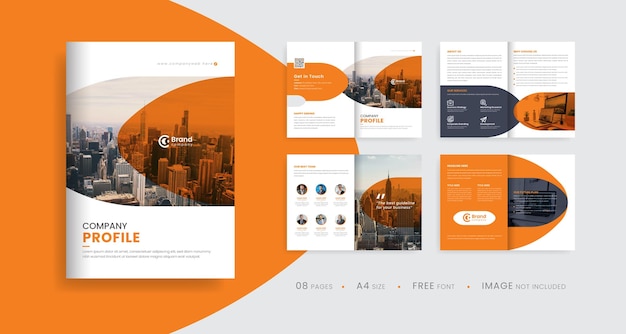 Company profile brochure template layout orange color shape multipage brochure design Premium Vector