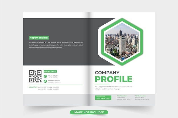 濃い緑の色を使用した会社プロモーション雑誌の表紙デザイン写真プレースホルダー付きの事業提案書小冊子とプロフィール表紙ベクトル企業の事業ポートフォリオと概要表紙テンプレート