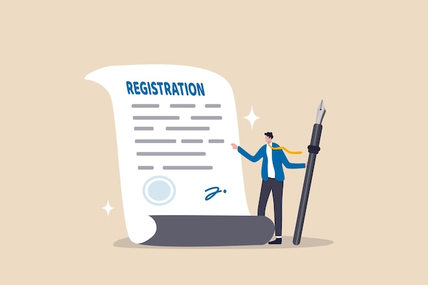 Company registration service, start new business, legal term or ownership entrepreneur assistant, confidence businessman holding pen success sign company document with stamped.