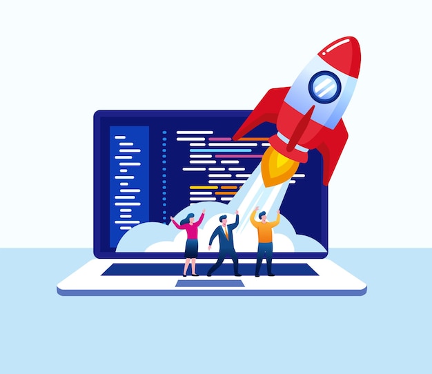 Company start up represent with rocket. Project, Developer, Programmer. Vector illustration