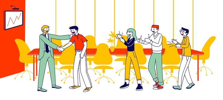 Vector company success, worker encouraging. boss congratulate joyful officer at monitor with growing arrow graph. happy employees celebrating business victory. cartoon flat vector illustration, line art