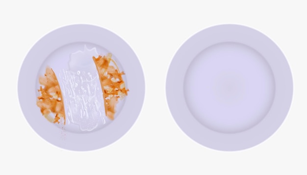 Vector compare two dishes, one with dirt and detergent on it and one is empty in 3d illustration