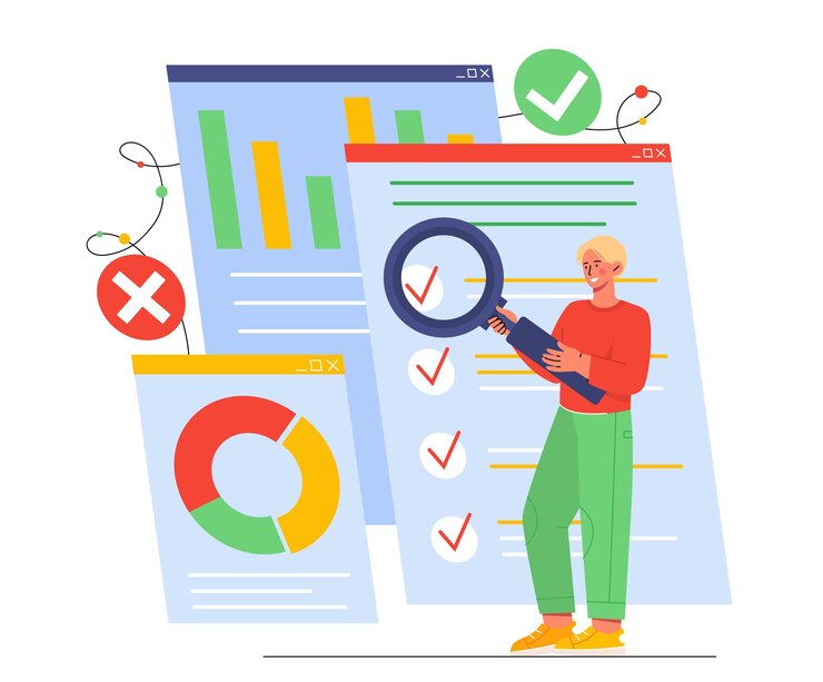 Vector comparison of graphs and charts man with loupe analyzes statistics infographics financial literacy