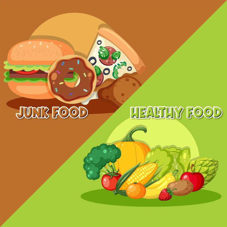 वेक्टर comparison of healthy food vs unhealthy junk food