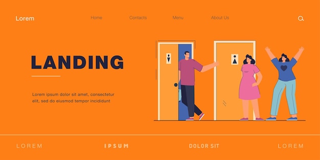 Comparison of queues for women and men in public toilets. Flat vector illustration. Man walking into empty men room while queue waiting for women toilet. Waiting, queue, time, hygiene, need concept