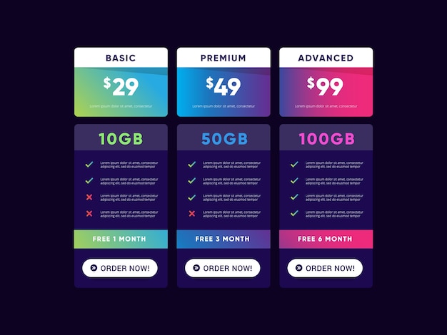 Vector comparison table business pricing chart web banner compare tables menu