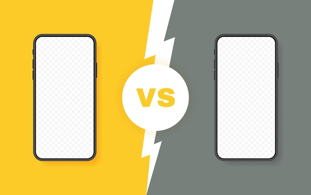 Comparison of two different smartphones. vs background with lightning bolt for comparison.  illustration.