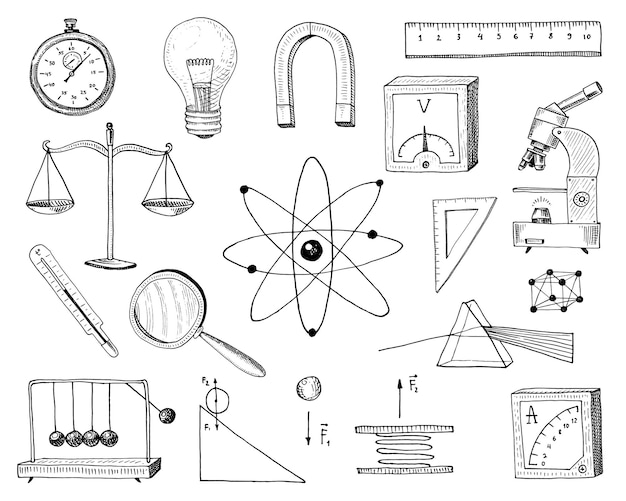 온도계와 현미경이 새겨진 나침반 및 자석 Alpelmet 오래된 스케치 및 빈티지 기호에 손으로 그린 물리학 계산 과학 및 실험실 실험의 학교 요소로 돌아가기