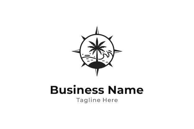 Логотип дизайна компаса с пальмой и океанскими волнами