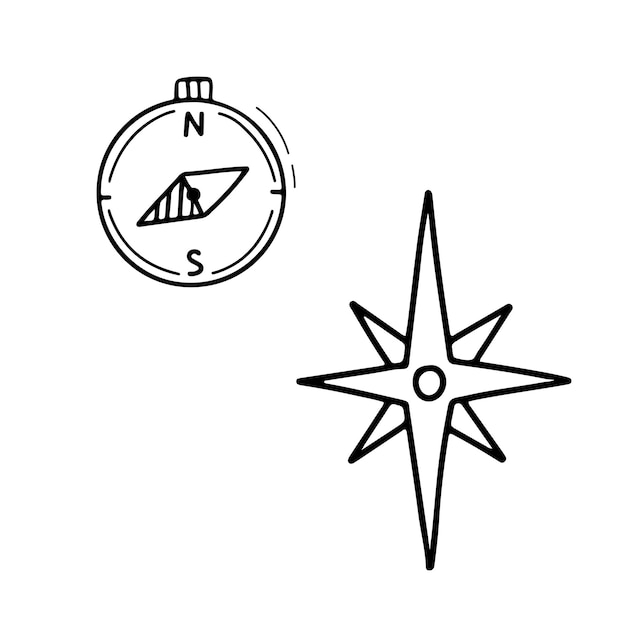 Compass doodle line icon simbolo semplice contorno rosa dei venti segno di direzione e navigazione illustrazione vettoriale isolata su bianco