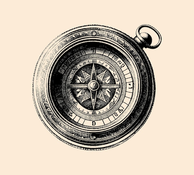 Compass Engraved drawing Hand drawn for your design drawn in black ink on an isolated background