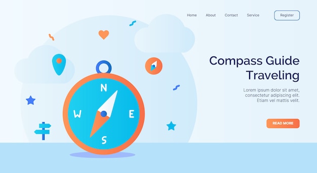 漫画のフラットスタイルのwebサイトのホームページのランディングテンプレートバナーのコンパスガイド旅行アイコンキャンペーン。