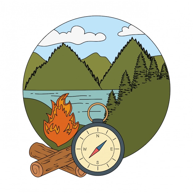 Compass guide with campfire