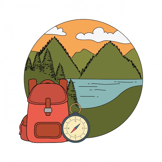 Vector compass guide with pines forest and travelbag