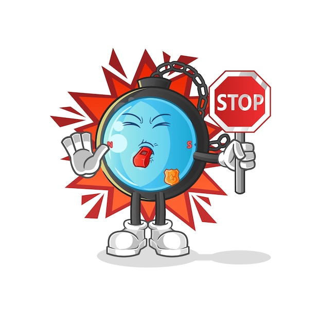 Compass holding stop sign. cartoon mascot vector