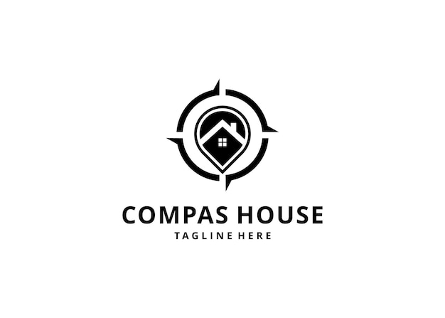コンパスと家の形のモダンでシンプルなロゴの設計図