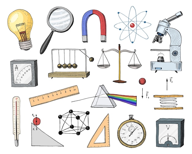 Compass and magnet ammeter with thermometer and microscope engraved hand drawn in old sketch and vintage symbols calculation in physics back to school element of science and laboratory experiments