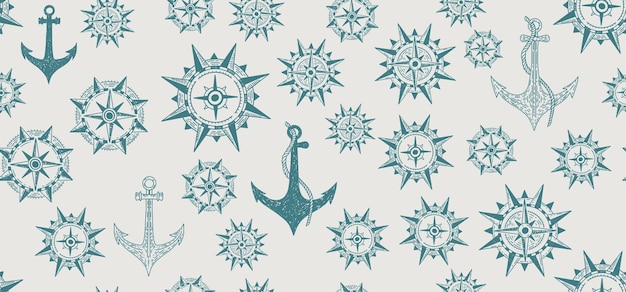 Compass Wind rose Anchor pattern hand drawn Illustration