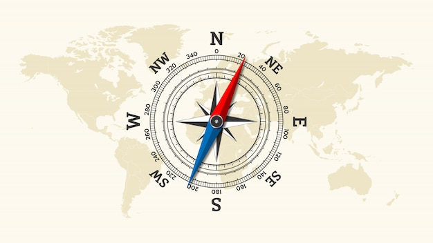 Значок компас роза ветров на фоне карты мира