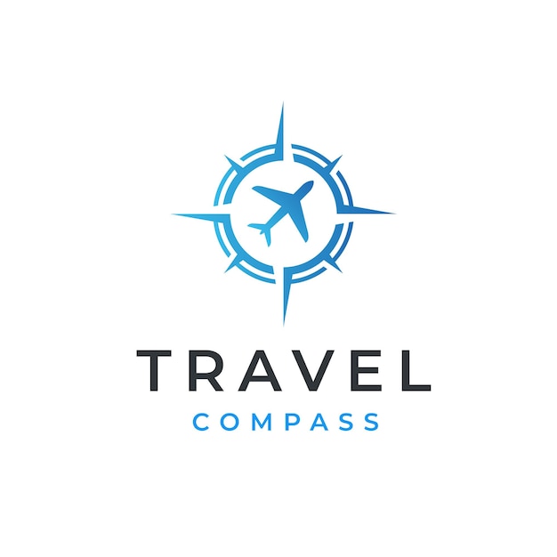 Compass with plane for transport or travel logo design