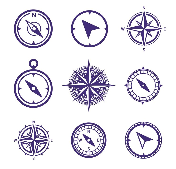Compasses and wind rose icons on a marine theme