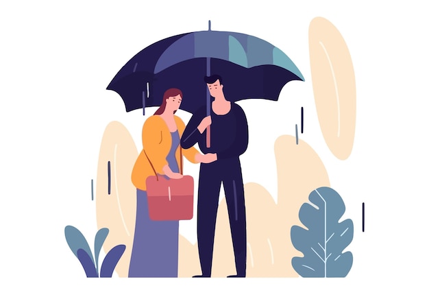 Compassionate man shelters distraught woman with umbrella Supportive male protects unhappy female from rain offering aid Vector image