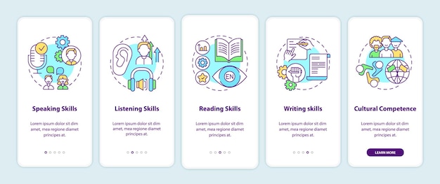 Competenties voor het leren van talen onboarding mobiele app-paginascherm met concepten