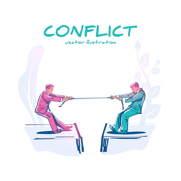 Competition concept. business people. businessmen in suit pull\
the rope at edge of cliff, symbol of rivalry, competition,\
conflict. tug of war. vector minimalistic sketch design. corporate\
conflicts.