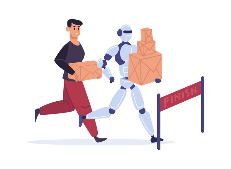 Vector competition with automation technology. man and robot running to finish with parcels.